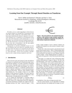 Published in Proceedings of the IEEE Conference on Computer Vision and Pattern Recognition, 2000  Learning from One Example Through Shared Densities on Transforms Erik G. Miller and Nicholas E. Matsakis and Paul A. Viola