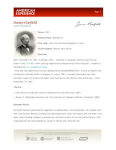 Page 1  James Garfield 20th President  Terms: 1881