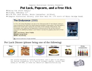 Campton Historical Society Presents  Pot Luck, Popcorn, and a Free Flick   