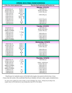 SPRING 2015 FINAL EXAM SCHEDULE If the class meets regularly from: Then the final Examination will be given on:  Monday, 