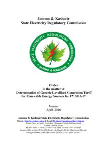 Jammu & Kashmir State Electricity Regulatory Commission Order in the matter of Determination of Generic Levellised Generation Tariff