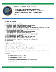 UNCLASSIFIED  OFFICE OF NAVAL INTELLIGENCE (U) HORN OF AFRICA/GULF OF GUINEA/ SOUTHEAST ASIA: Piracy Analysis and Warning Weekly (PAWW) Report for[removed]March 2015