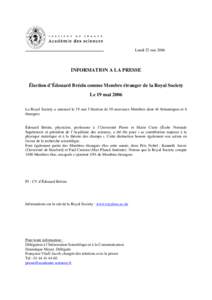 Élection d’Édouard Brézin comme Membre étranger de la Royal Society - 19 maiCommuniqué de presse 	