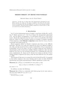 Mathematical Research Letters  10, 709–IRREDUCIBILITY OF HECKE POLYNOMIALS Srinath Baba and M. Ram Murty