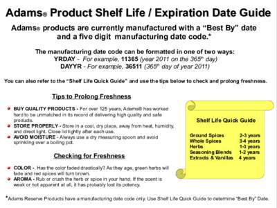 Adams® Product Shelf Life / Expiration Date Guide Adams® products are currently manufactured with a “Best By” date and a five digit manufacturing date code.* The manufacturing date code can be formatted in one of t