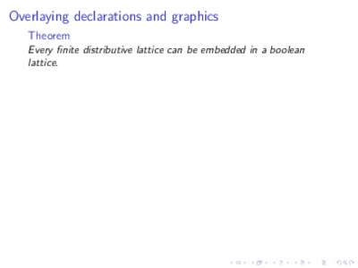 Overlaying declarations and graphics Theorem Every finite distributive lattice can be embedded in a boolean lattice.  Overlaying declarations and graphics