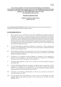 :22 PM FINAL DECLARATION OF THE OCT-2004 MINISTERIAL CONFERENCE CONTAINING THE POLITICAL RESOLUTIONS OF THE REPRESENTATIVES OF THE OVERSEAS COUNTRIES AND TERRITORIES (OCTs) ON THEIR DISCUSSIONS WITH