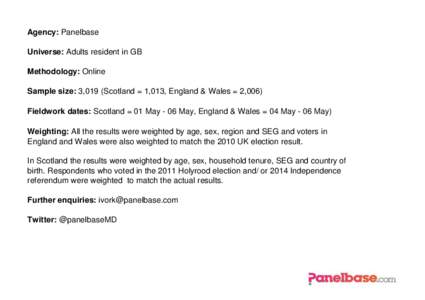 Agency: Panelbase Universe: Adults resident in GB Methodology: Online Sample size: 3,019 (Scotland = 1,013, England & Wales = 2,006) Fieldwork dates: Scotland = 01 May - 06 May, England & Wales = 04 May - 06 May) Weighti