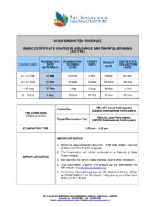 2016 EXAMINATION SCHEDULE BASIC CERTIFICATE COURSE IN INSURANCE AND TAKAFUL BROKING (BCCITB) COURSE DATE