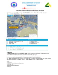 MINERAL RESOURCES DEPARTMENT  Seismology Unit EARTHQUAKE INFORMATION RELEASE NOAn earthquake occurred this evening at 08:32:14 PM local time, 355 km SW from Dili, Timor Leste.