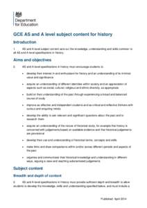 GCE AS and A level subject content for history Introduction 1. AS and A level subject content sets out the knowledge, understanding and skills common to all AS and A level specifications in history.