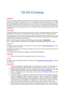TSA VEX IQ Challenge OVERVIEW The VEX Robotics Competition (VRC) and the VEX IQ Challenge (VEX IQ), presented by the Robotics Education & Competition Foundation (REC), are the largest and fastest growing high school midd