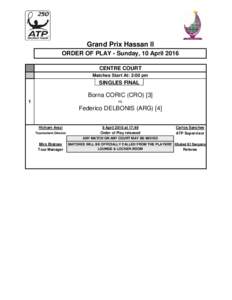 Grand Prix Hassan II ORDER OF PLAY - Sunday, 10 April 2016 CENTRE COURT Matches Start At: 2:00 pm  SINGLES FINAL
