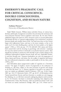 EMERSON’S PRAGMATIC CALL FOR CRITICAL CONSCIENCE: DOUBLE CONSCIOUSNESS, COGNITION, AND HUMAN NATURE Anthony Petruzzi * University of Massahussetts Boston