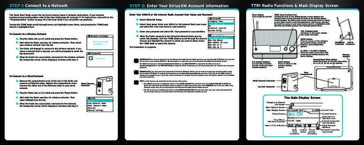 STEP 1: Connect to a Network  STEP 2: Enter Your SiriusXM Account Information This Quick Start Guide covers the two most common types of network connections. If your network requires manual configuration, refer to the Us