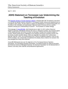 ASHG Statement on Tennessee Law Undermining the Teaching of Evolution in Schools