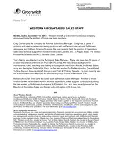 For more information Kasey BakerNews Brief WESTERN AIRCRAFT ADDS SALES STAFF