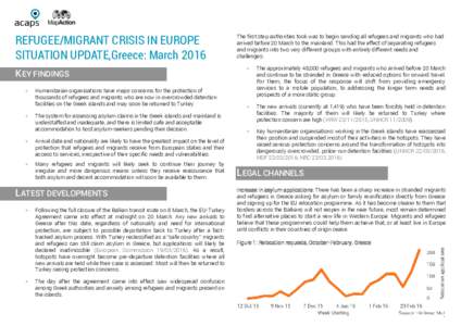 REFUGEE/MIGRANT CRISIS IN EUROPE SITUATION UPDATE,Greece: March 2016 +  Humanitarian organisations have major concerns for the protection of