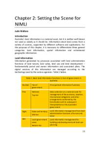Chapter 2: Setting the Scene for NIMLI Jude Wallace Introduction Australia’s land information is a national asset, but it is neither well known nor used as widely as it should be. Information about land comes from a