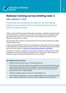 1  National training survey briefing note 2 Data collection in 2015 This briefing note provides the key dates for the 2015 national training survey, and sets out the survey data that deaneries and