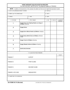 HAND GRENADE QUALIFICATION SCORECARD For use of this form, see FMThe proponent agency is TRADOC. NOTE: In addition to the requirements on this scorecard, the soldier must throw two live fragmentation grenades to 