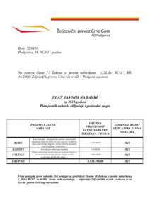 Broj: Podgorica, godine Na osnovu člana 27 Zakona o javnim nabavkama („SL.list RCG“, BR) Željeznički prevoz Crne Gore AD – Podgorica donosi