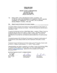 PRESS RELEASE October 10, 2017 MASON COUNTY COMMISSIONERS 411 NORTH 5TH ST SHEL TON, WA9670 EXT. 747