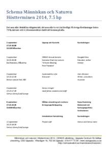 Schema Människan och Naturen Höstterminen 2014, 7.5 hp Det som står i fetstil är obligatoriskt, det som står kursivt är frivilligt. På övriga föreläsningar krävs 75 % närvaro och vi rekommenderar starkt att k