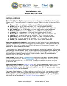 Weekly Drought Brief Monday March 31, 2014 CURRENT CONDITIONS Recent Precipitation: Significant rain and snow fell over the past week in California thanks to late season storms. Precipitation totals (in inches) from Mond