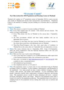 “Everyone Counts” Fact Sheet about the 2010 Population and Housing Census in Thailand Thailand will conduct its 11th population census in September 2010 to count everyone who resides in Thailand and classify their ch