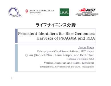 ライフサイエンス分野 Persistent Identifiers for Rice Genomics: Harvests of PRAGMA and RDA Jason Haga Cyber-physical Cloud Research Group, AIST, Japan