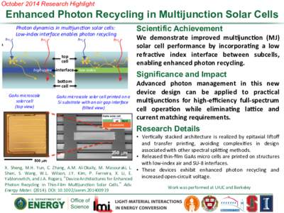 October 2014 Research Highlight  Enhanced Photon Recycling in Multijunction Solar Cells Photon	
  dynamics	
  in	
  mul>junc>on	
  solar	
  cells:	
   Low-­‐index	
  interface	
  enables	
  photon	
  recycli