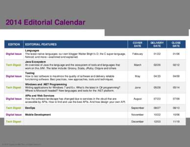 2014 Editorial Calendar EDITORIAL FEATURES COVER DATE
