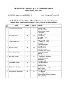 MEGHALAYA WATER RESOURCES DEVELOPMENT AGENCY MEGHALAYA, SHILLONG Dated: Shillong, the 2nd March 2015 No: MeWDA/ Appointments[removed]