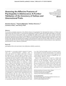 Assessment OnlineFirst, published on October 1, 2009 as doi:  Assessing the Affective Features of Psychopathy in Adolescence: A Further Validation of the Inventory of Callous and Unemotional Trait