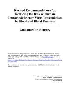 Guidance for Industry; Revised Recommendations for Reducing the Risk of Human Immunodeficiency Virus Transmission by Blood and Blood Products