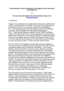 Press Statement on the Constitutional Court judgment on the Communal Land Rights Act by The Law, Race and Gender Unit at the University of Cape Town (www.lrg.uct.ac.za)