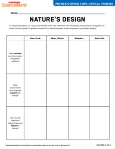 physics/common core: critical thinking Name: nature’s design In “Inspired by Nature” (p. 14), you learned that some new inventions were inspired by characteristics of organisms in nature. Use this graphic organizer