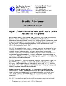 Media Advisory - Fryzel Unveils Homeowners and Credit Union Assistance Programs