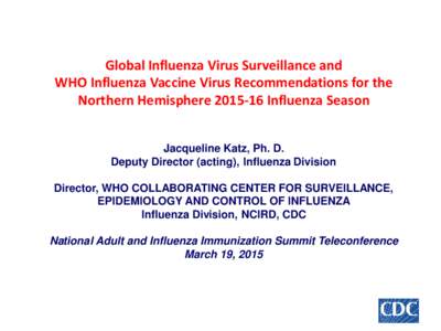 Global Influenza Virus Surveillance and WHO Influenza Vaccine Virus Recommendations for the Northern HemisphereInfluenza Season Jacqueline Katz, Ph. D. Deputy Director (acting), Influenza Division Director, WHO 