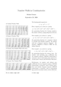 Number Walls in Combinatorics Michael Somos September 20, 2000 The fundamental equation is A Catalan Number Wall 1