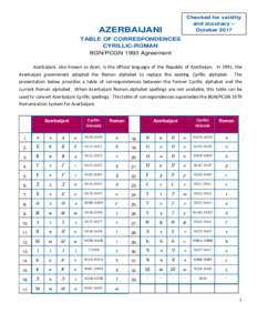 Checked for validity and accuracy – October 2017 AZERBAIJANI TABLE OF CORRESPONDENCES