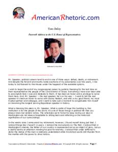 AmericanRhetoric.com  Tom Delay  Farewell Address to the U.S. House of Representatives  Delivered 8 June 2006 