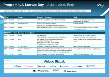 Program ILA Startup Day – 2 June 2016, Berlin Startup Zone in Hall 6 – ISC International Suppliers Center, Berlin ExpoCenter Airport Time Format