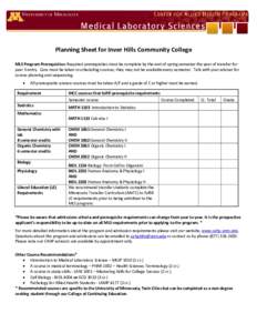 Planning Sheet for Inver Hills Community College MLS Program Prerequisites: Required prerequisites must be complete by the end of spring semester the year of transfer for year 3 entry. Care must be taken in scheduling co