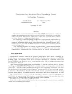 Noninteractive Statistical Zero-Knowledge Proofs for Lattice Problems Chris Peikert∗ SRI International  Vinod Vaikuntanathan