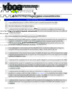 vboa  VIRGINIA BOARD OF ACCOUNTANCY  Checklist for Filing a Complaint Against a Licensed CPA or Firm