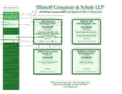 Ellenoff Grossman & Schole LLP 2010 Representative PIPE and Registered Direct Transactions Areas of Practice Include: O CR