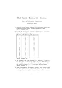 Math Rumble – Problem Set – Solutions American Mathematics Competitions April 23–25, Each even counting number, beginning with 2, is one more than the preceeding odd counting number. Therefore the differenc