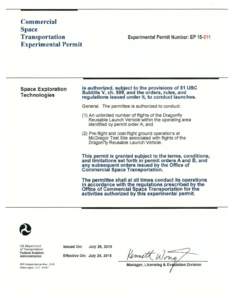 Commercial Space Transportation Experimental Permit  Experimental Permit Number: EP